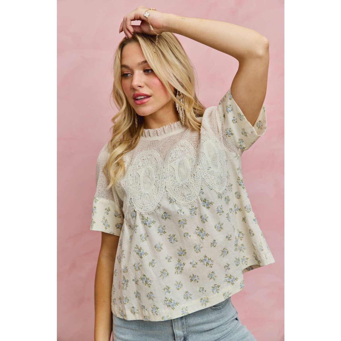 FLORAL PRINT LACE TRIM COTTON BLOUSE TOP: BLUE / S