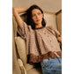 COTTON CHECK LACE TRIM FLUTTER SLEEVES BLOUSE TOP: BROWN / L
