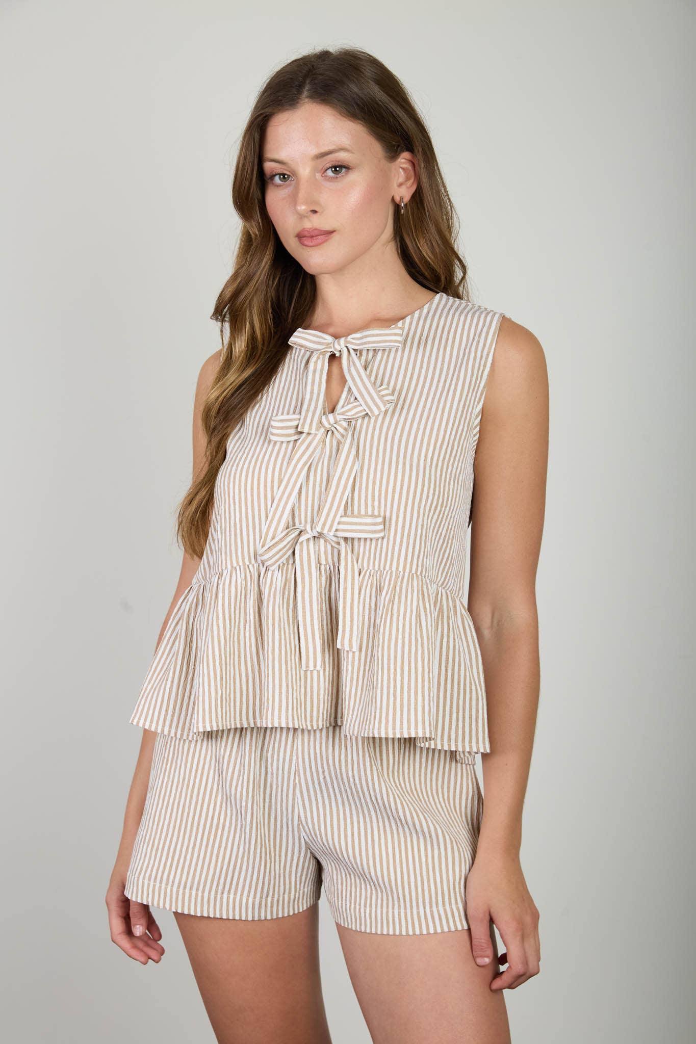 Mocha Stripe Front Tie Top