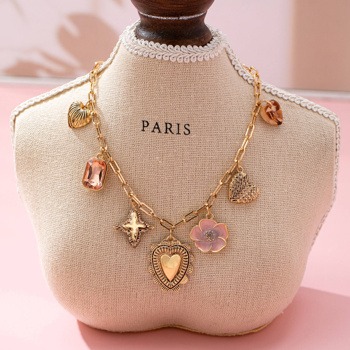 CHARM NECKLACE-HEART FLOWER RHINESTONE CLOVER | 80N92697: GOLD