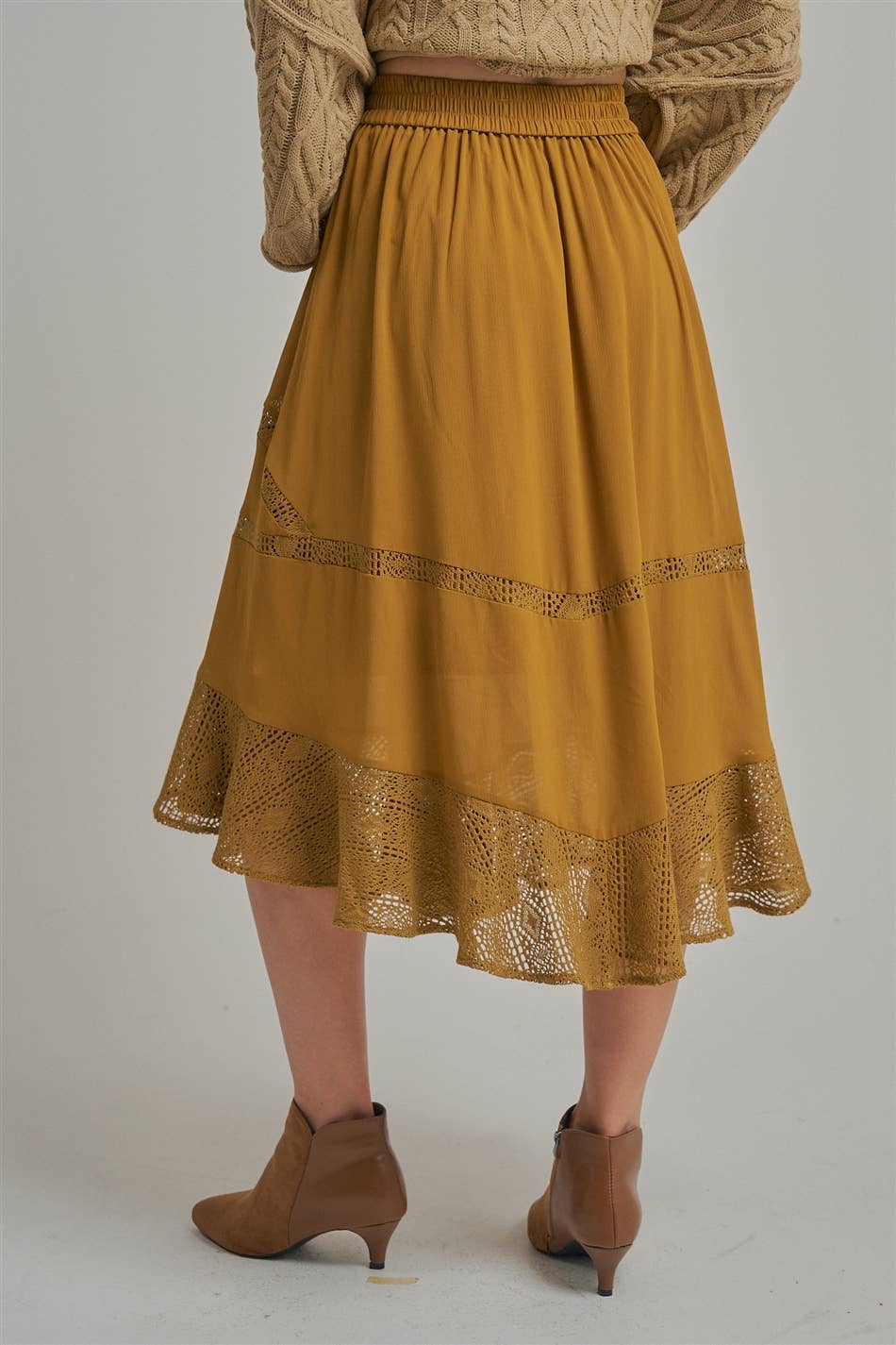 CRINKLED WOVEN BOHO MIDI SKIRT _JLB80101-01: OLIVE / S-M-L(2-2-2)