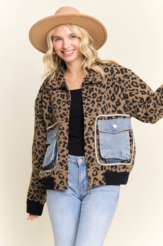 LESW4150-LEOPARD PRINT JACKET WITH DENIM POCKETS: Brown / ONESIZE(6)