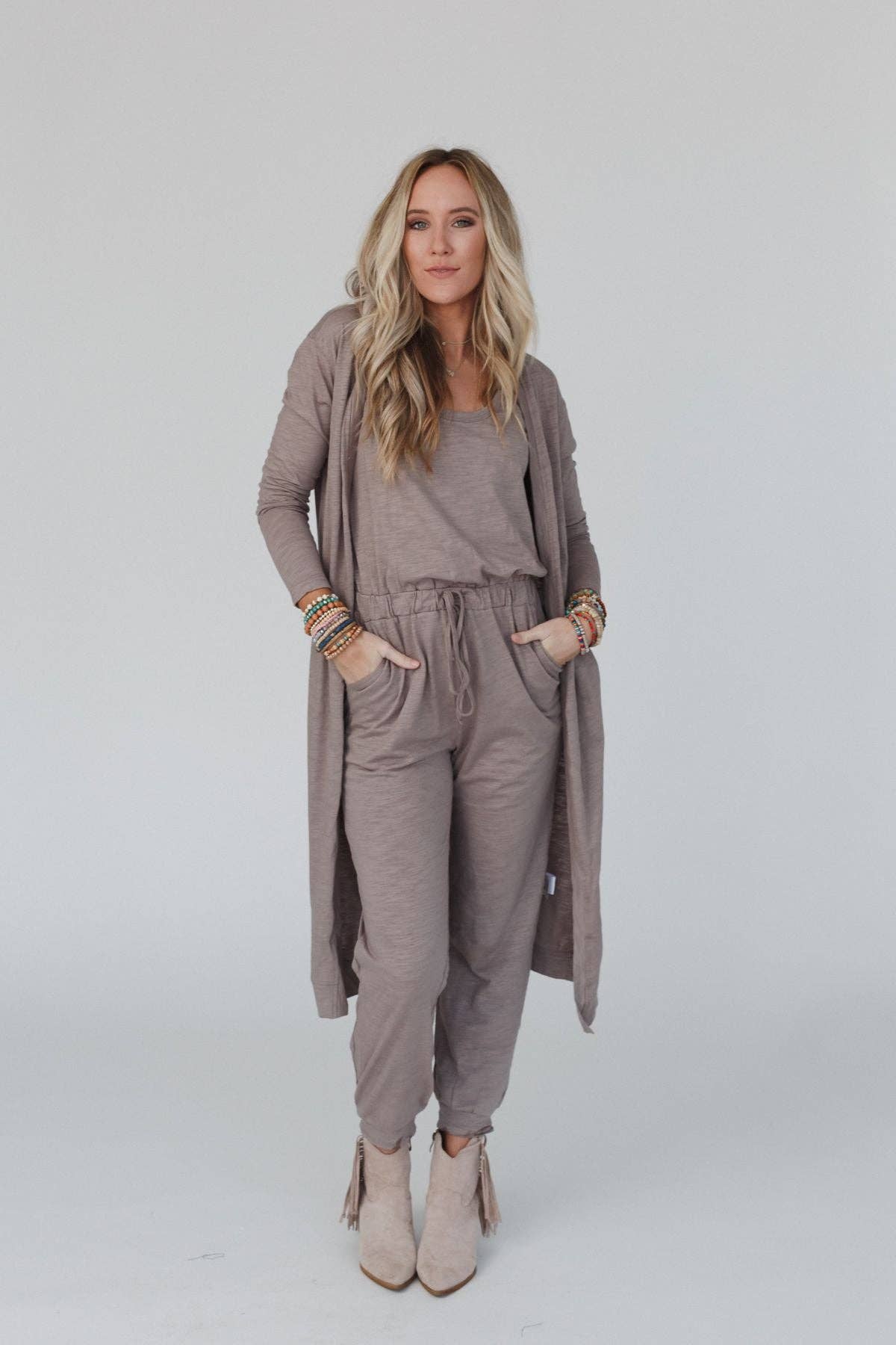 Mocha Jumpsuit & Cardigan Set