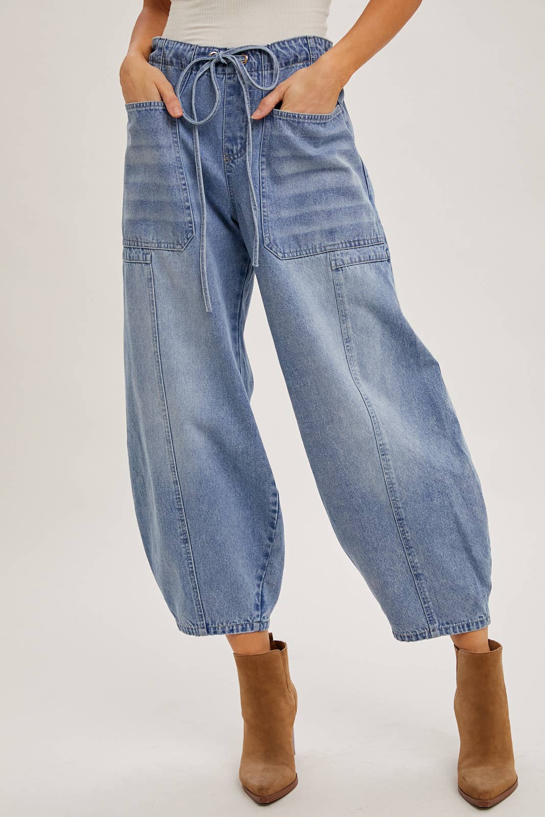 DENIM MID-WAIST DRAWSTRINGS BARREL JEANS: LT.WASH / S