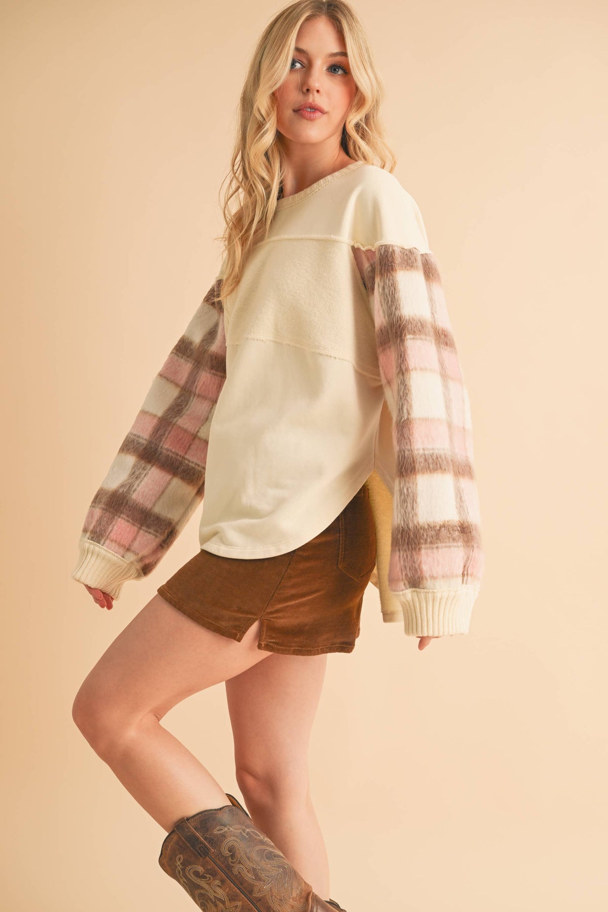9103FK Malva Plaid Pullover Sweater: Slate Blue / Contemporary / S