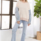 LESW3192 - FRAYED DENIM SLEEVE SWEATER TOP: BLUSH / S-M-L(2-2-2)