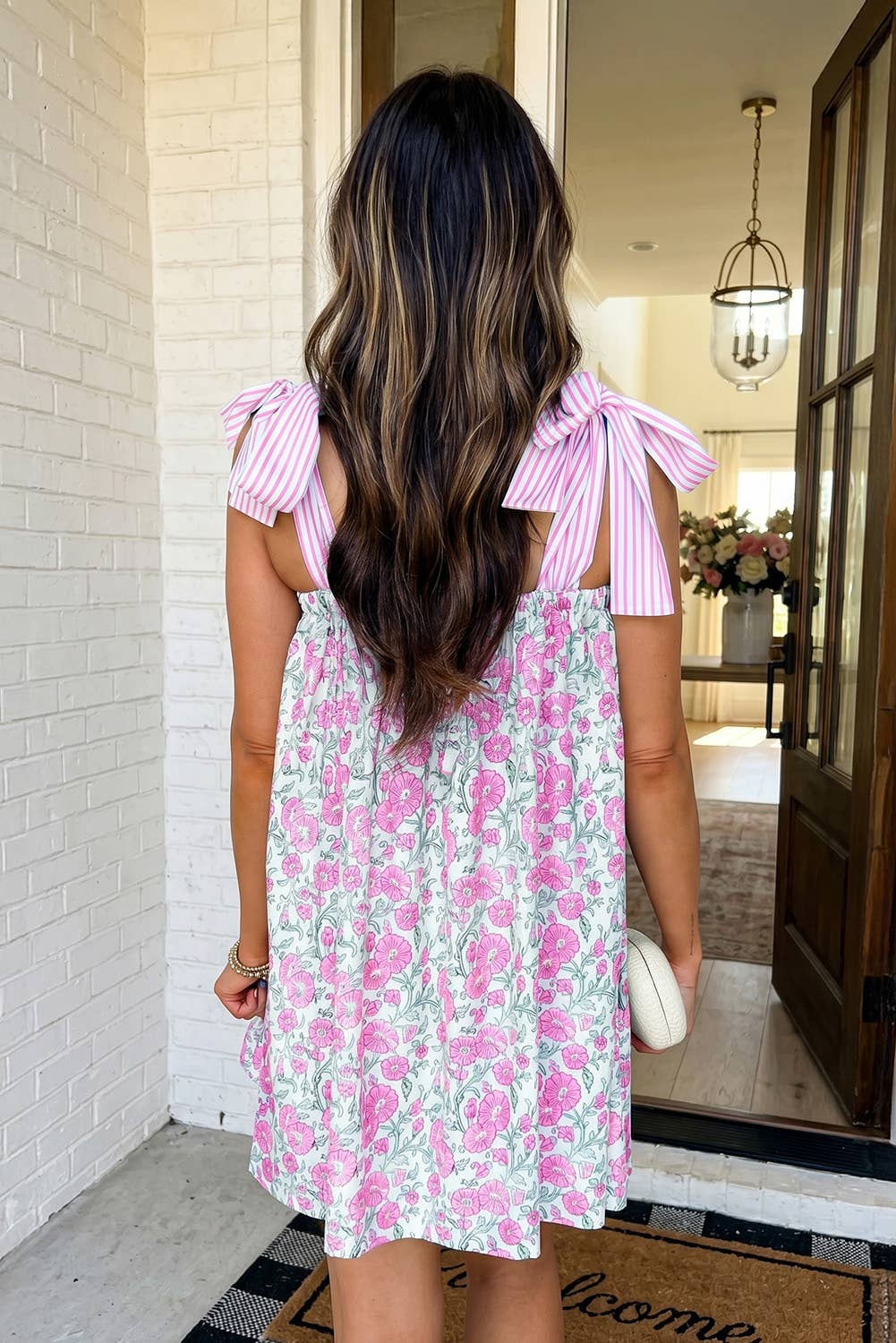 LAS Floral Stripe Patchwork Bow Knot Strap Mini Dress (S-XL): Sky Blue / Missy / L