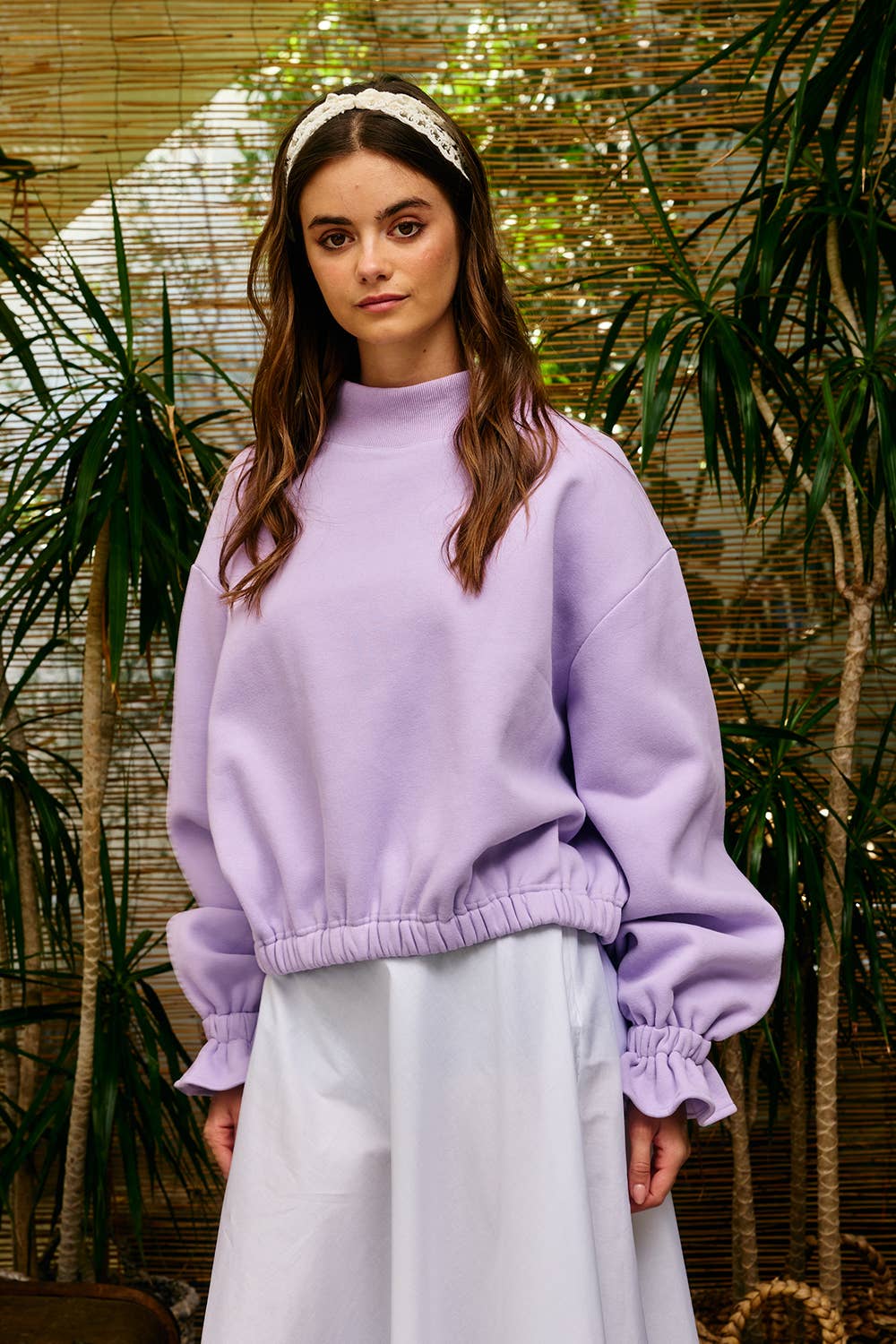 IT2995 Ruffled cuff Detail Mock-neck Crop Terry Sweatshirt: LAVENDER / S-M-L (2-2-2)