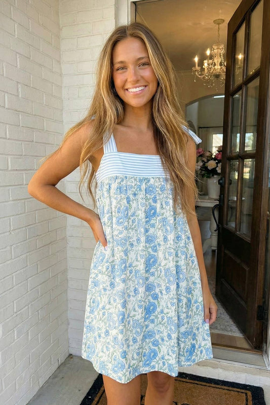 LAS Floral Stripe Patchwork Bow Knot Strap Mini Dress (S-XL): Sky Blue / Missy / L