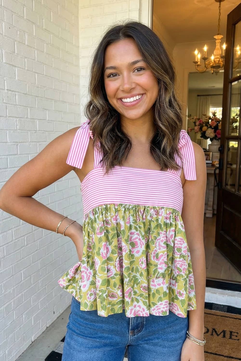 LAS Floral Printed Knot Straps Babydoll Tank Top (S-XL): Green / Missy / XL