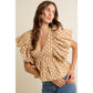 POLKA DOT BUBBLE SLEEVES BACK SMOCKED LINED BLOUSE TOP: BEIGE/WHITE / L