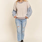 LESW3192 - FRAYED DENIM SLEEVE SWEATER TOP: BLUSH / S-M-L(2-2-2)