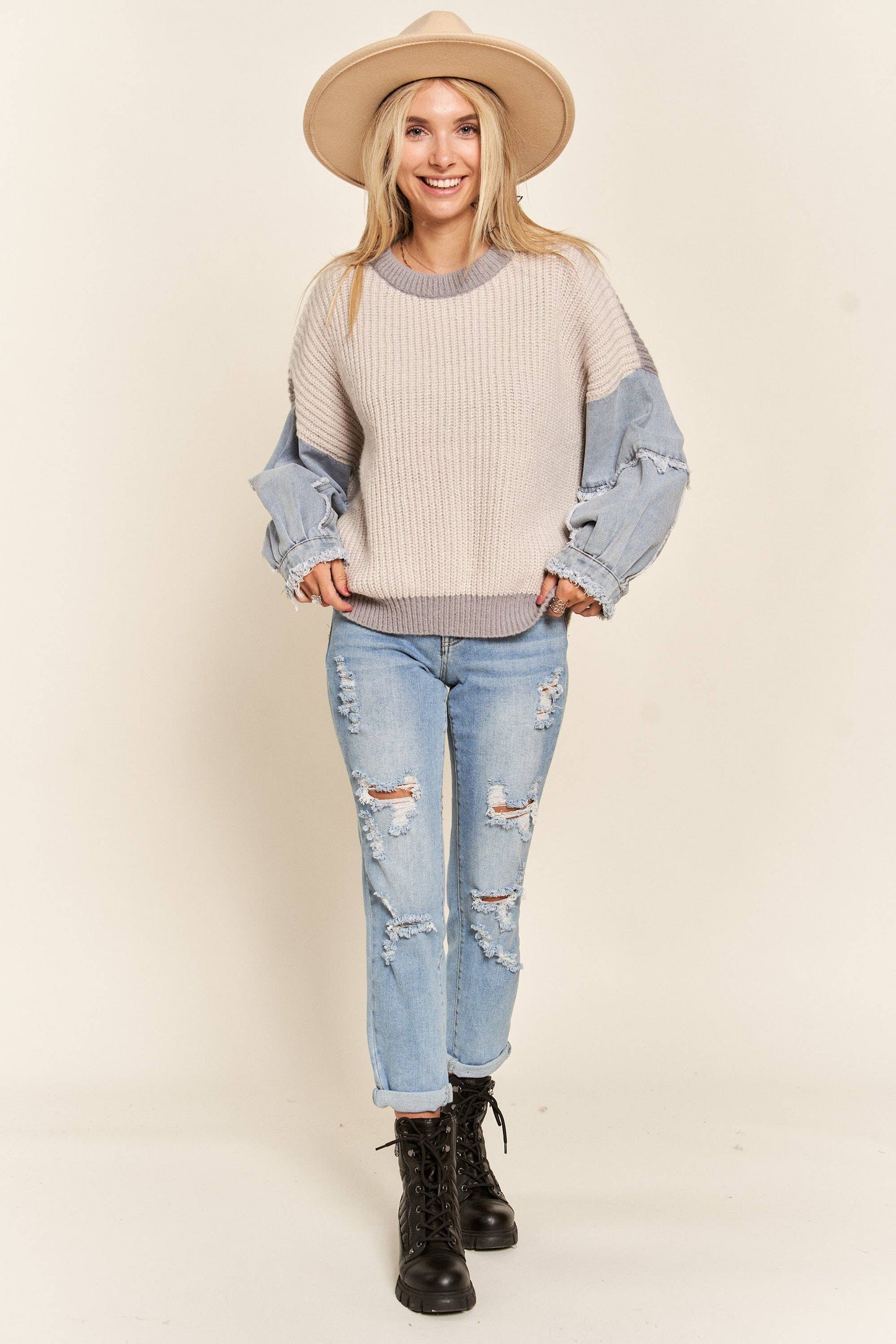 LESW3192 - FRAYED DENIM SLEEVE SWEATER TOP: BLUSH / S-M-L(2-2-2)