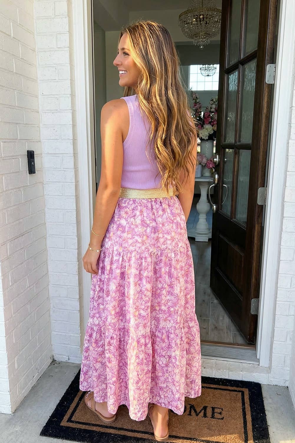 LAS V Neck Ribbed Bodice Floral Tiered Dress (S-XL): Purple / Missy / L