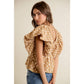 POLKA DOT BUBBLE SLEEVES BACK SMOCKED LINED BLOUSE TOP: BEIGE/WHITE / L