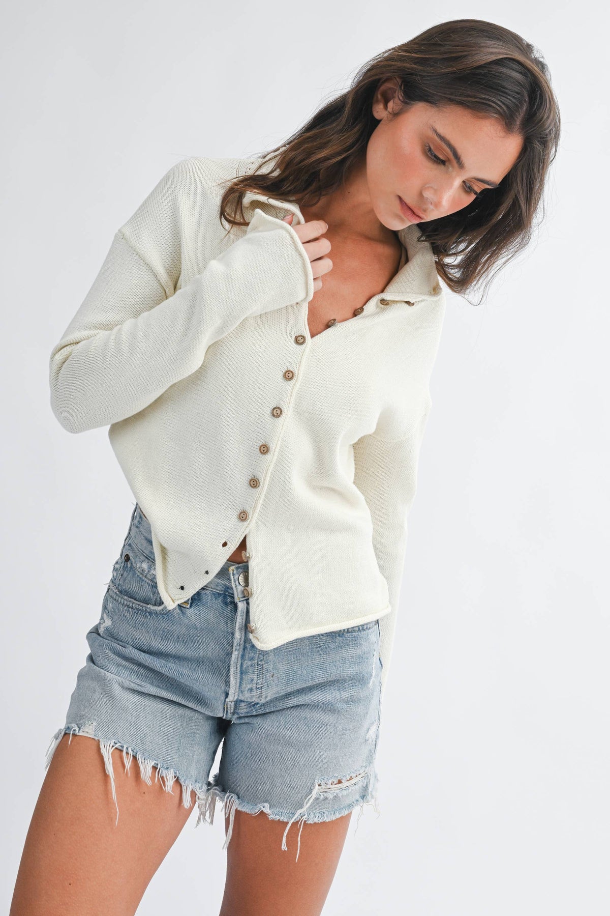 5221HK Button Front Cropped Knit Cardigan: Pink / Contemporary / L