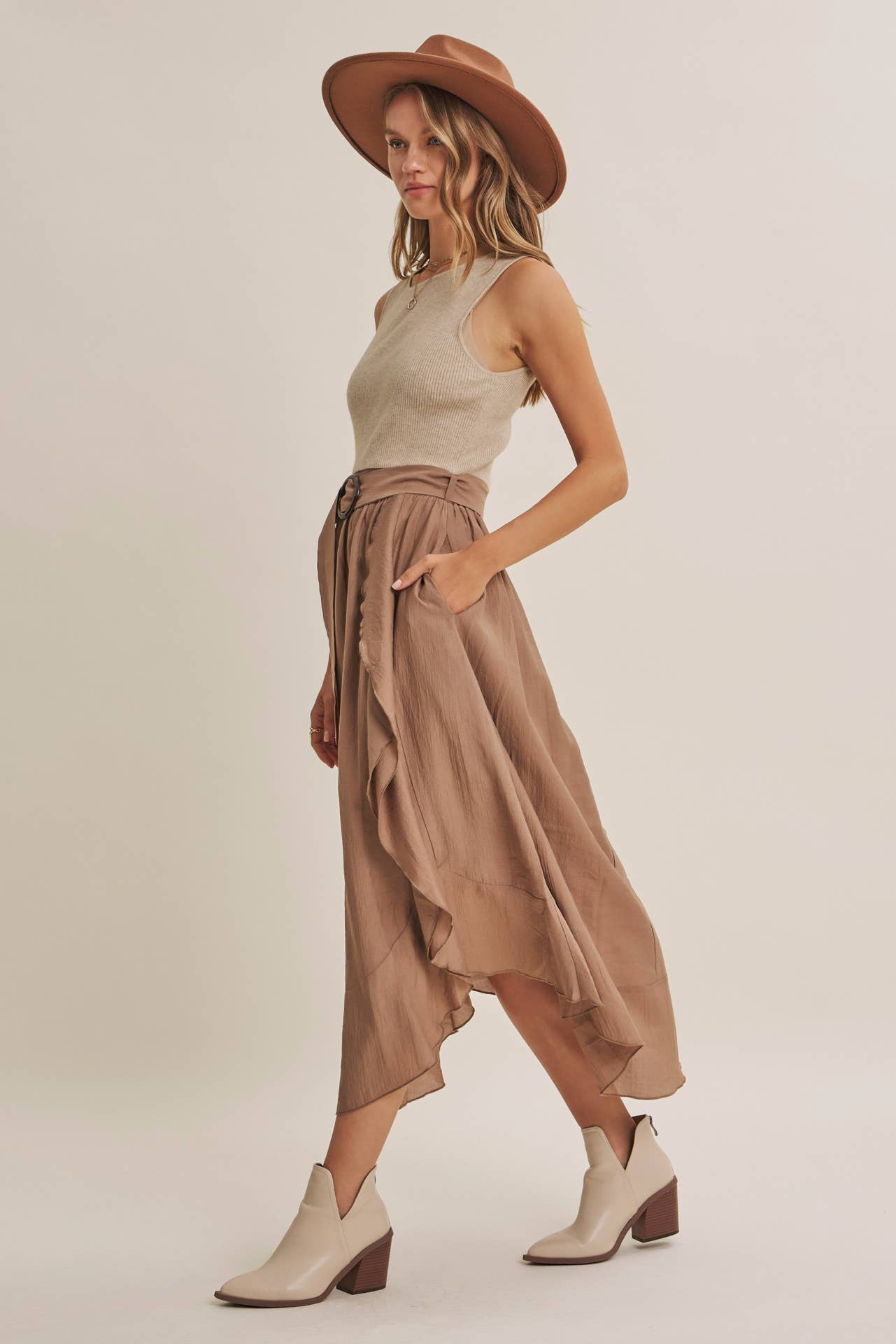 RUSTIC WEEKEND TWOFER MAXI DRESS WITH CASCADING RUFFLES: COCONUT BROWN / S