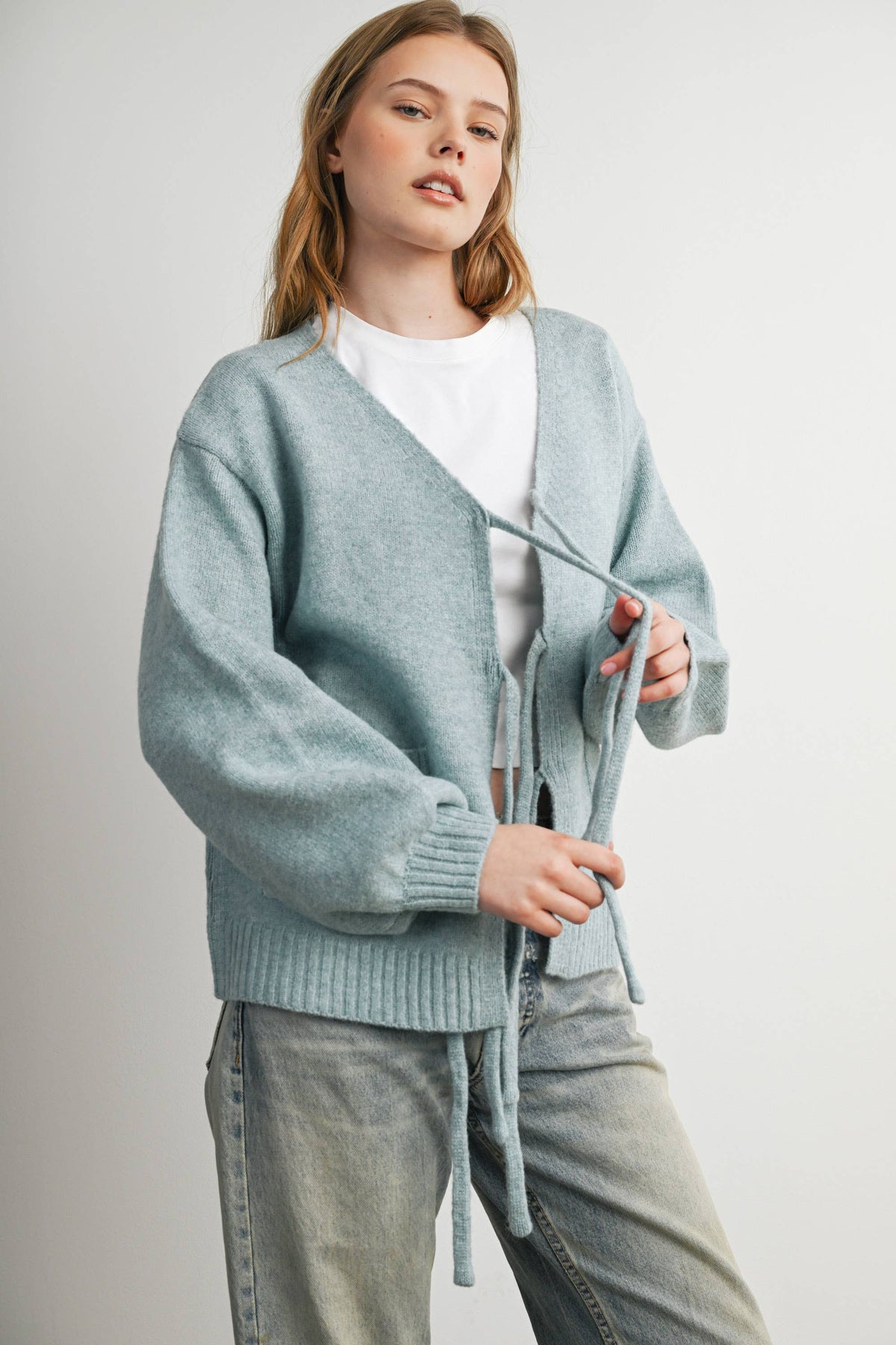 Knot Front Long Sleeve V-Neck Cardigan - BMC7914: TAUPE / M