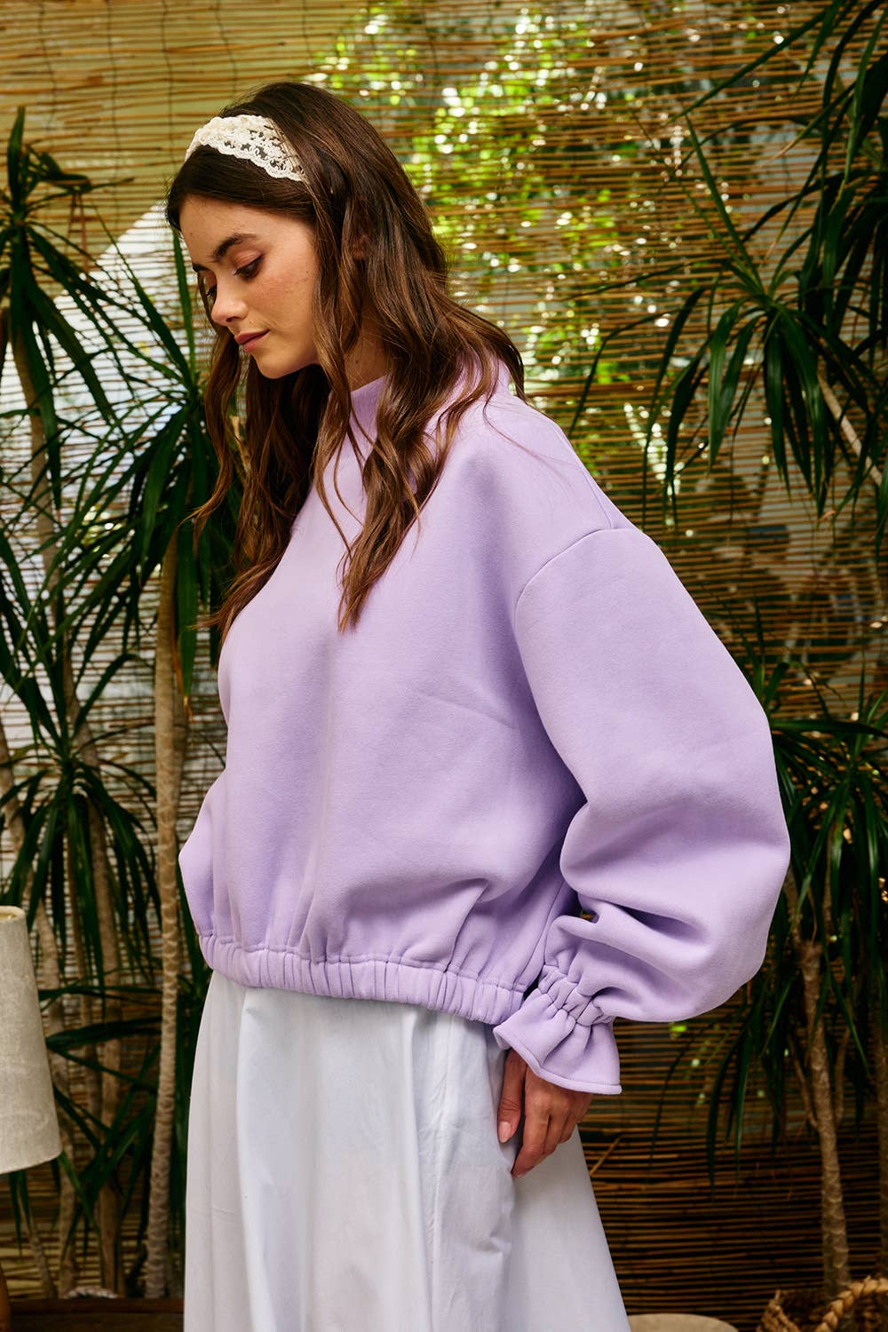 IT2995 Ruffled cuff Detail Mock-neck Crop Terry Sweatshirt: LAVENDER / S-M-L (2-2-2)