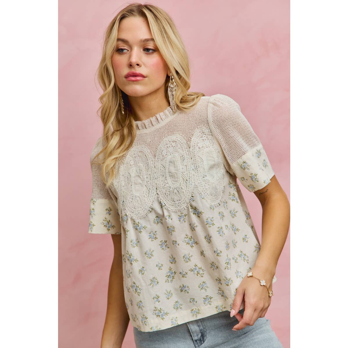 FLORAL PRINT LACE TRIM COTTON BLOUSE TOP: BLUE / S