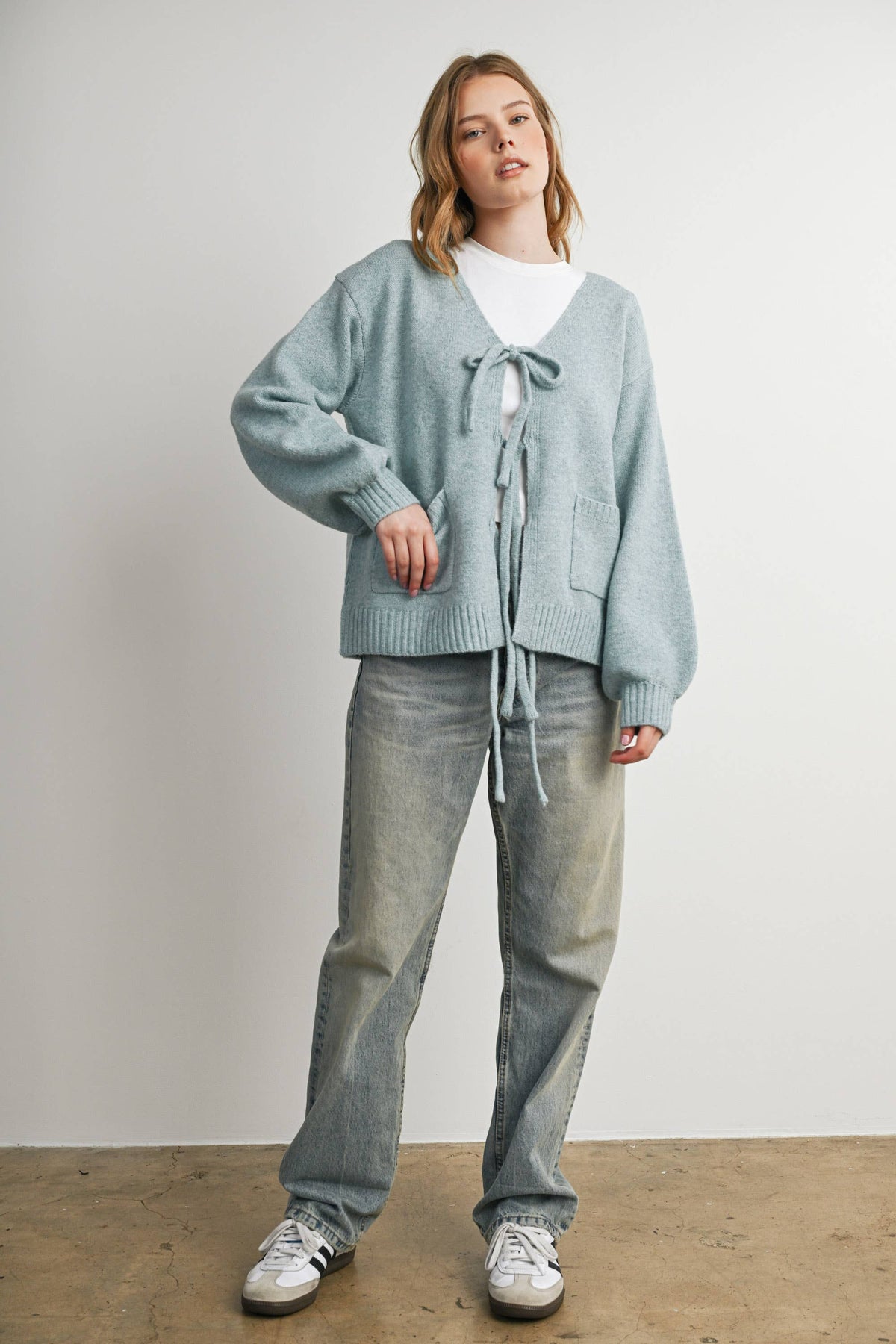 Knot Front Long Sleeve V-Neck Cardigan - BMC7914: TAUPE / S