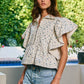 IT2337F | Ruffle Sleeves Pintuck Detail Floral Print Top: SAND/BLUE / S-M-L (2-2-2)