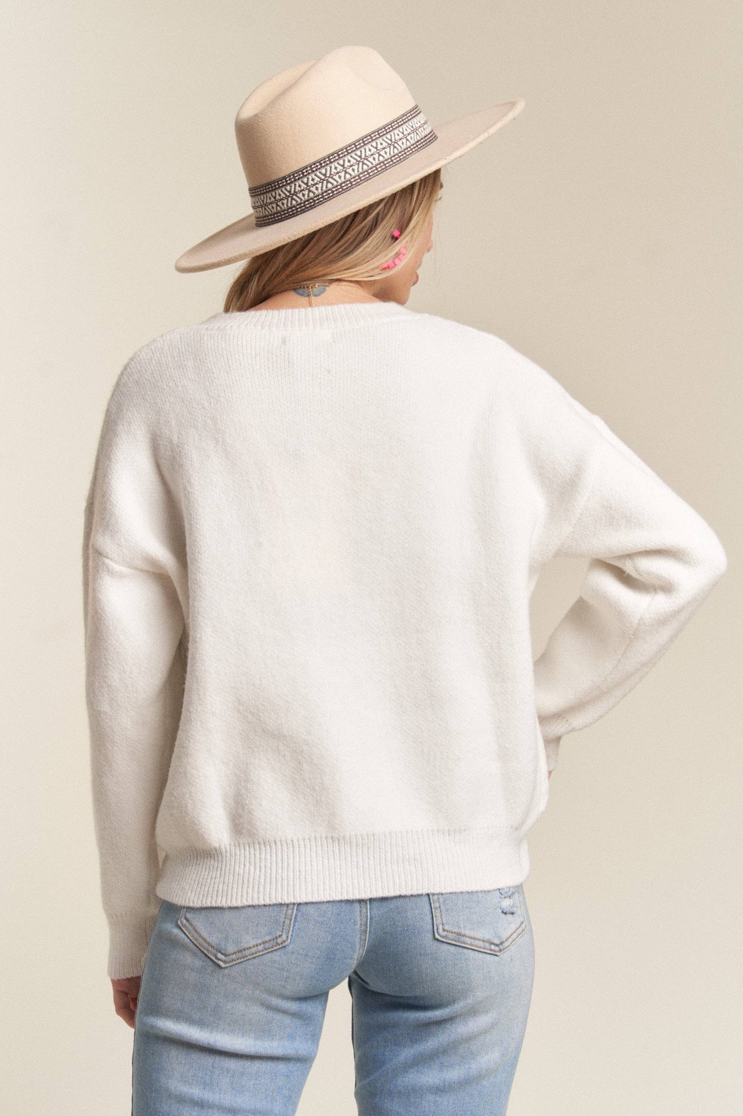 LESW3436- X-MAS TREE ACCENT SWEATER: IVORY / S-M-L(2-2-2)