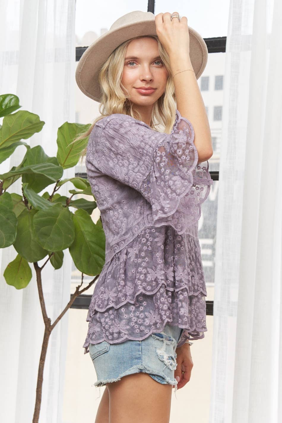 LET3907- BELL SLEEVE LACE TOP: KHAKI / S/M-M/L(3-3)