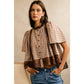 COTTON CHECK LACE TRIM FLUTTER SLEEVES BLOUSE TOP: BROWN / L