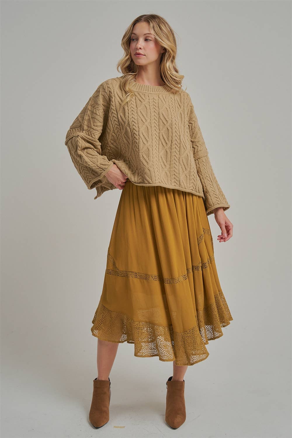 CRINKLED WOVEN BOHO MIDI SKIRT _JLB80101-01: OLIVE / S-M-L(2-2-2)