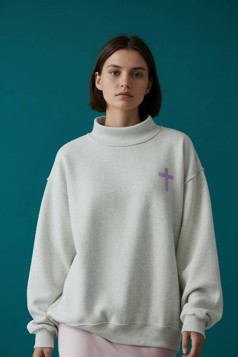IT2594-CROSS | 'CROSS &JESUS SAVES' Reversible Sweatshirt: Ash grey / S/M-L/XL (3-3)