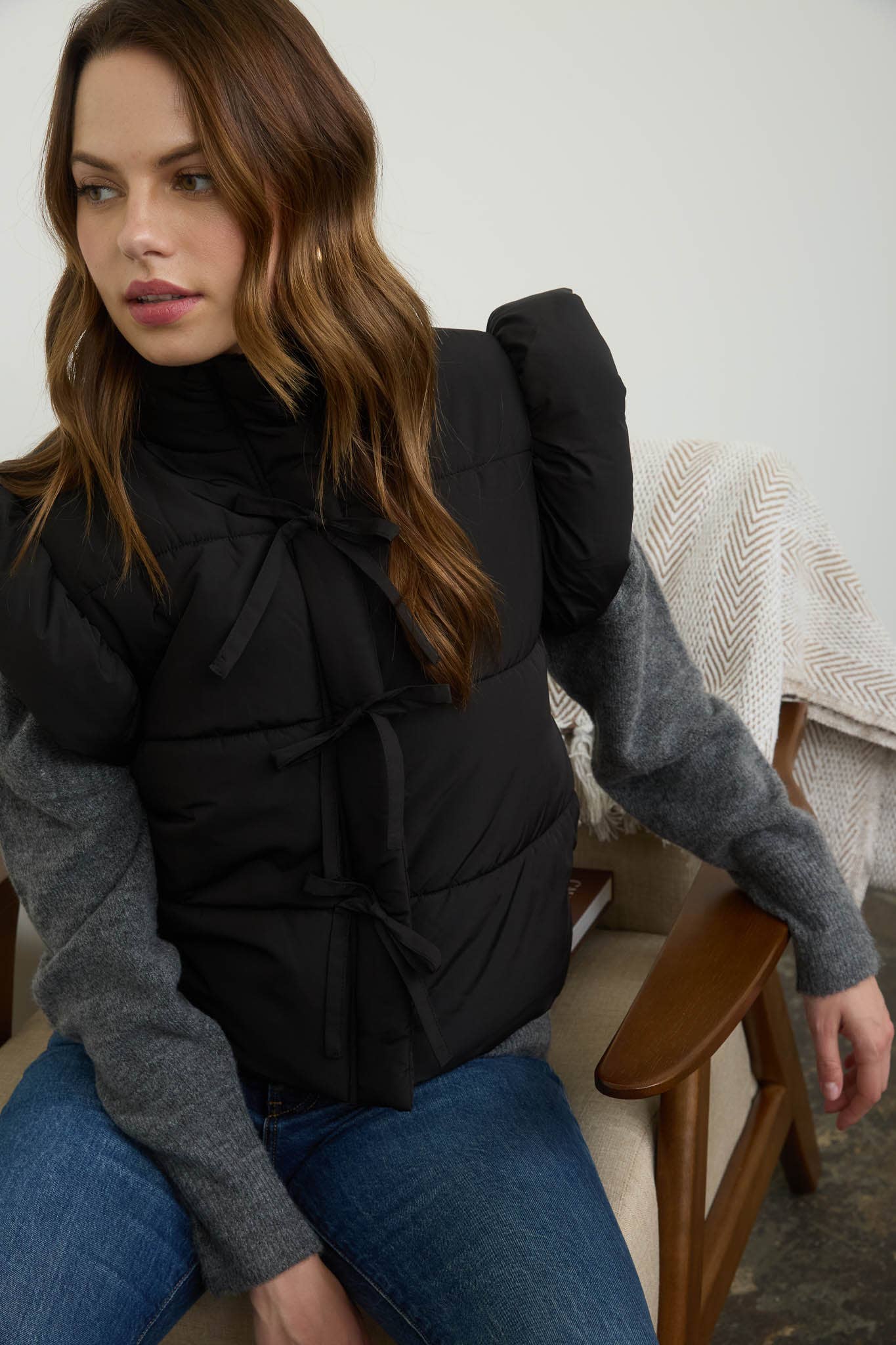 Black Flutter Bow Puffer Vest
