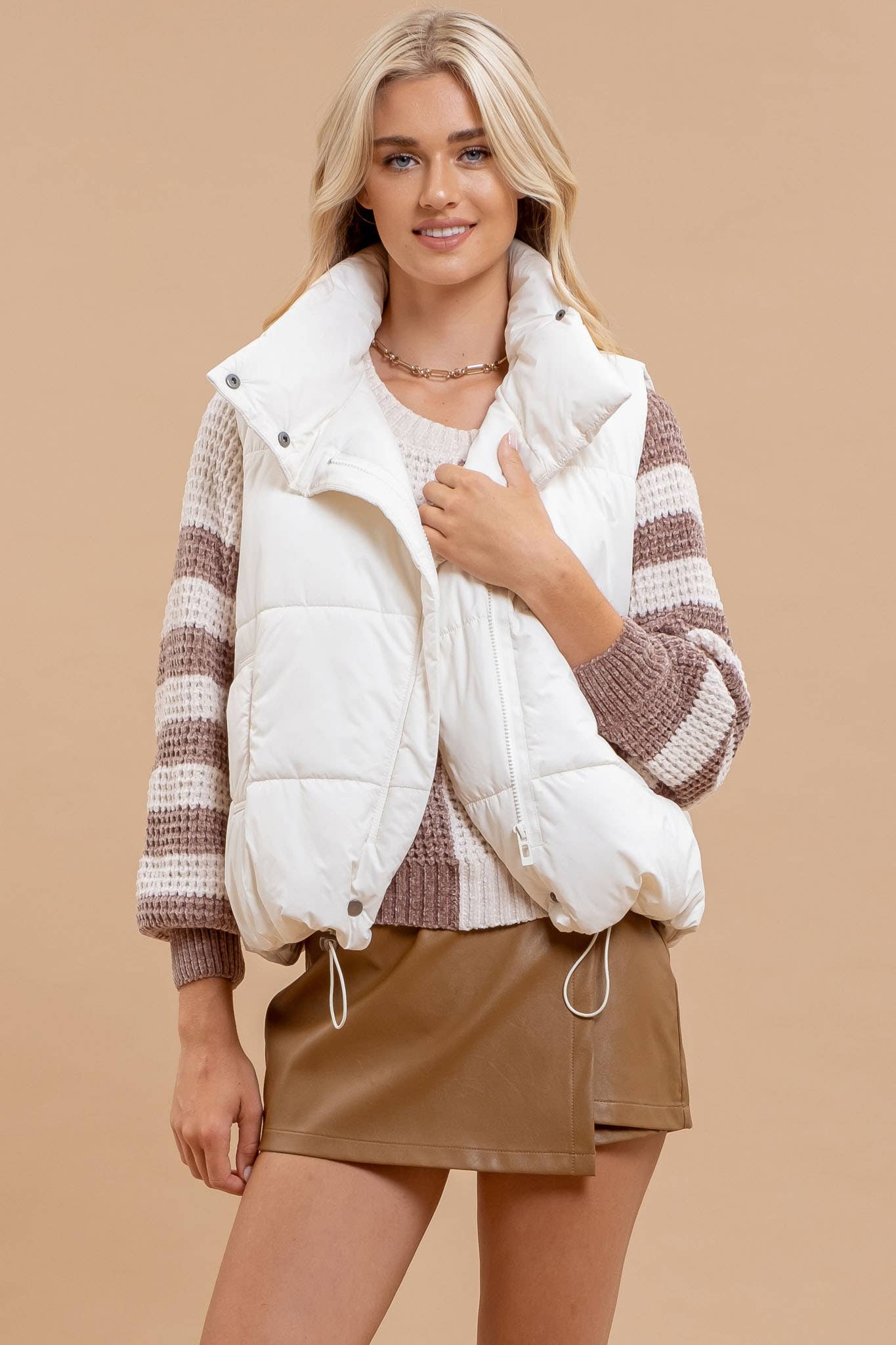 Cream Asymmetrical Zip Up Vest