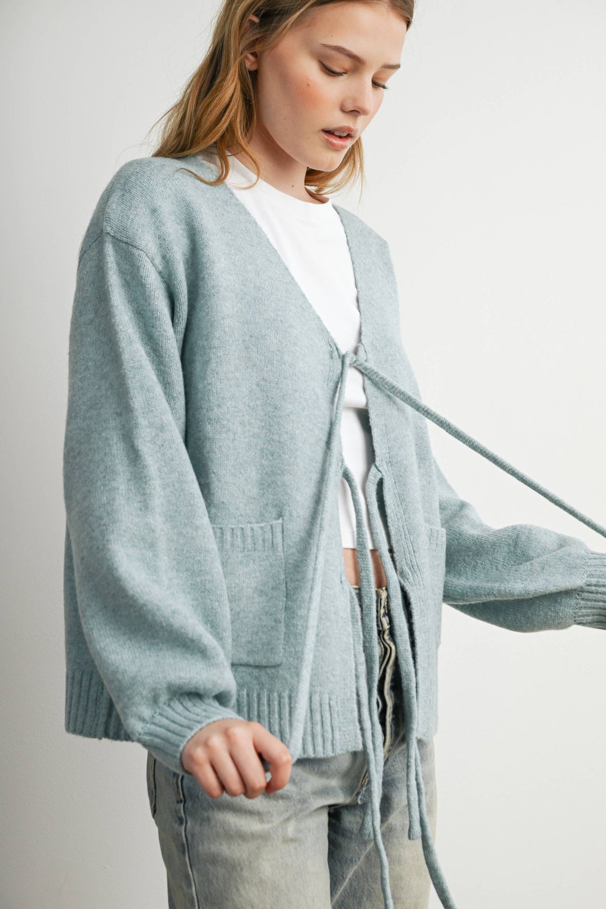 Knot Front Long Sleeve V-Neck Cardigan - BMC7914: TAUPE / M