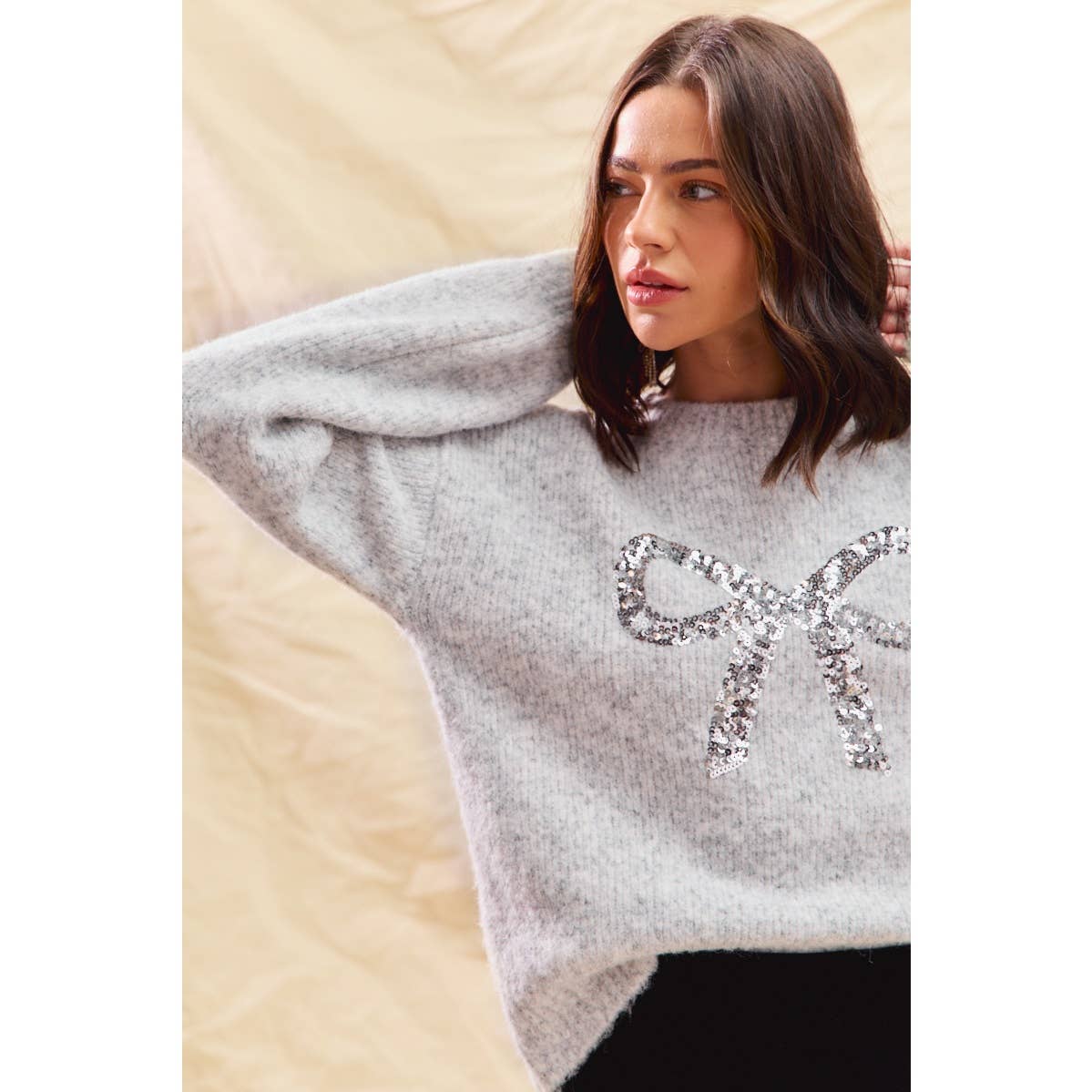 RIBBON SEQUINS CHRISTMAS HOLIDAY SWEATER TOP: LT GREY/SILVER / S