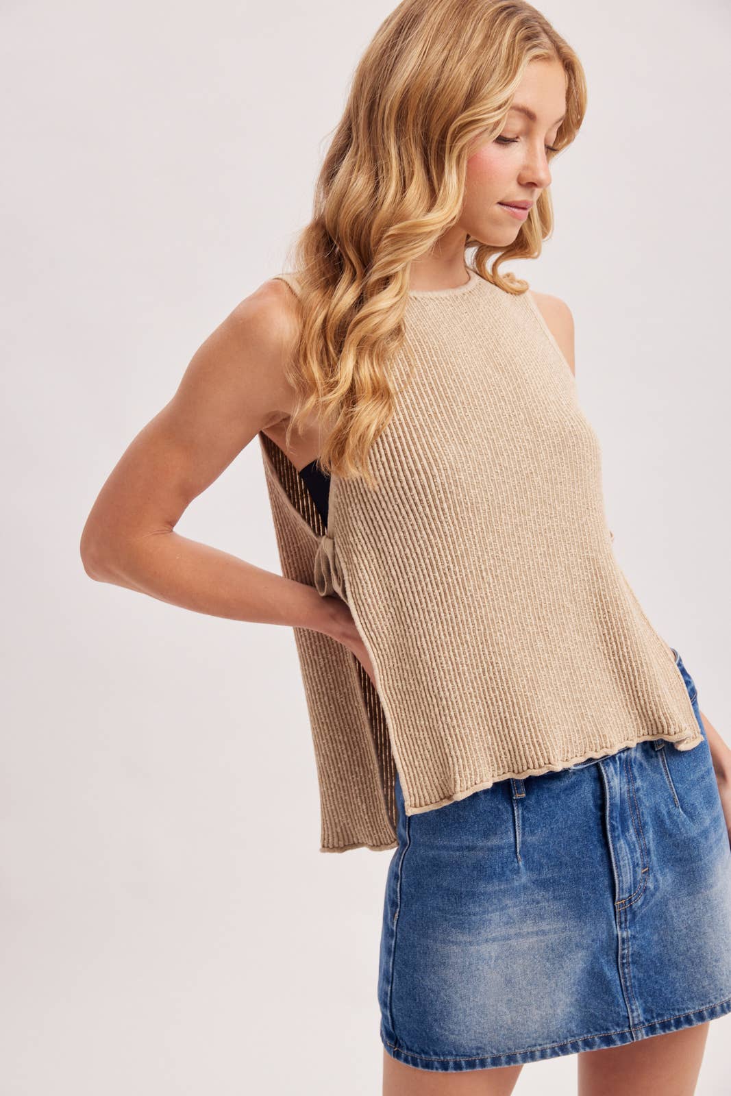 Beige Ribbed Tie Tank