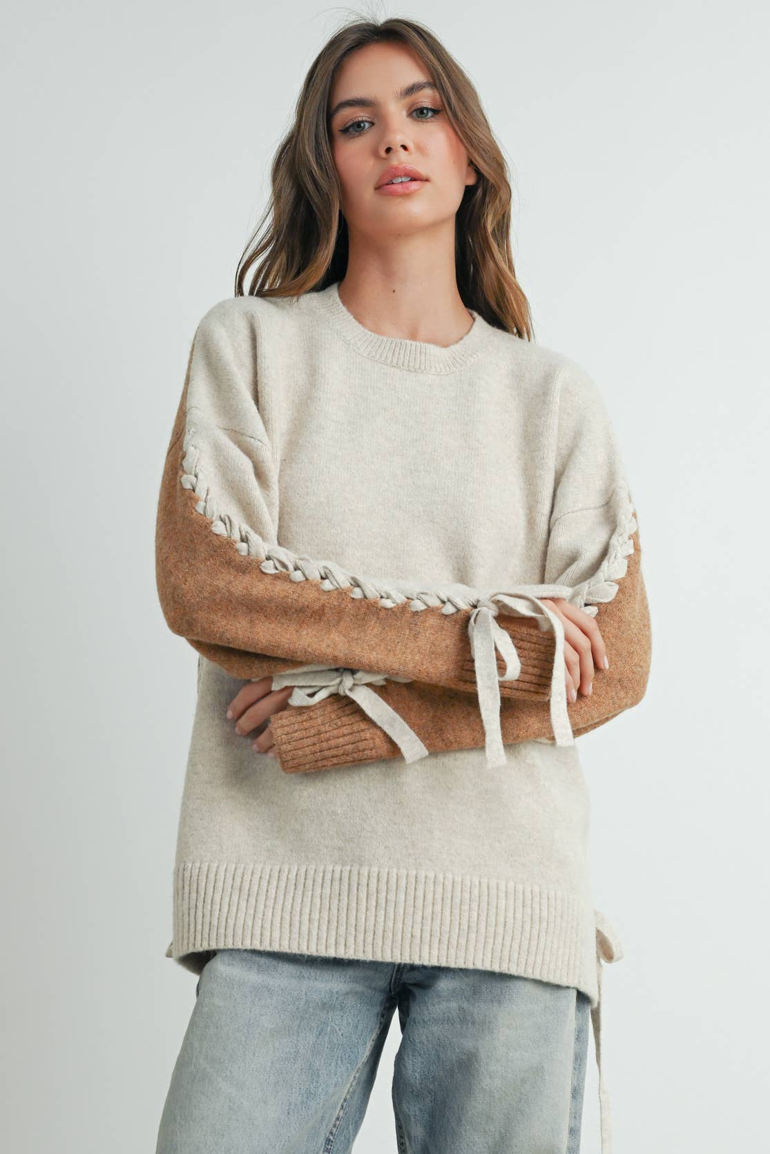Crew Neck Long Sleeve Pullover Sweater - BMW7587: TAUPE MULTI / S