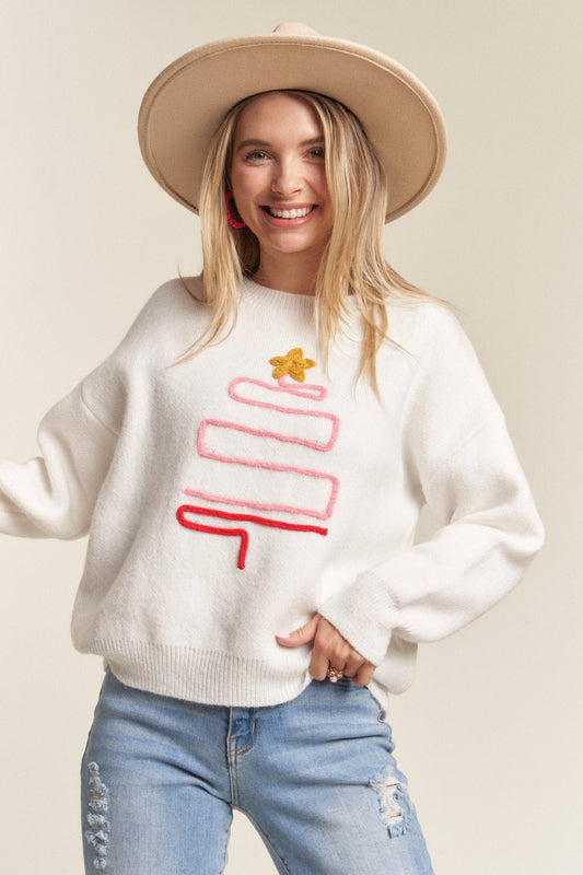 LESW3436- X-MAS TREE ACCENT SWEATER: IVORY / S-M-L(2-2-2)