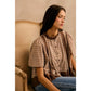 COTTON CHECK LACE TRIM FLUTTER SLEEVES BLOUSE TOP: BROWN / L