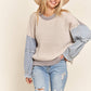 LESW3192 - FRAYED DENIM SLEEVE SWEATER TOP: BLUSH / S-M-L(2-2-2)