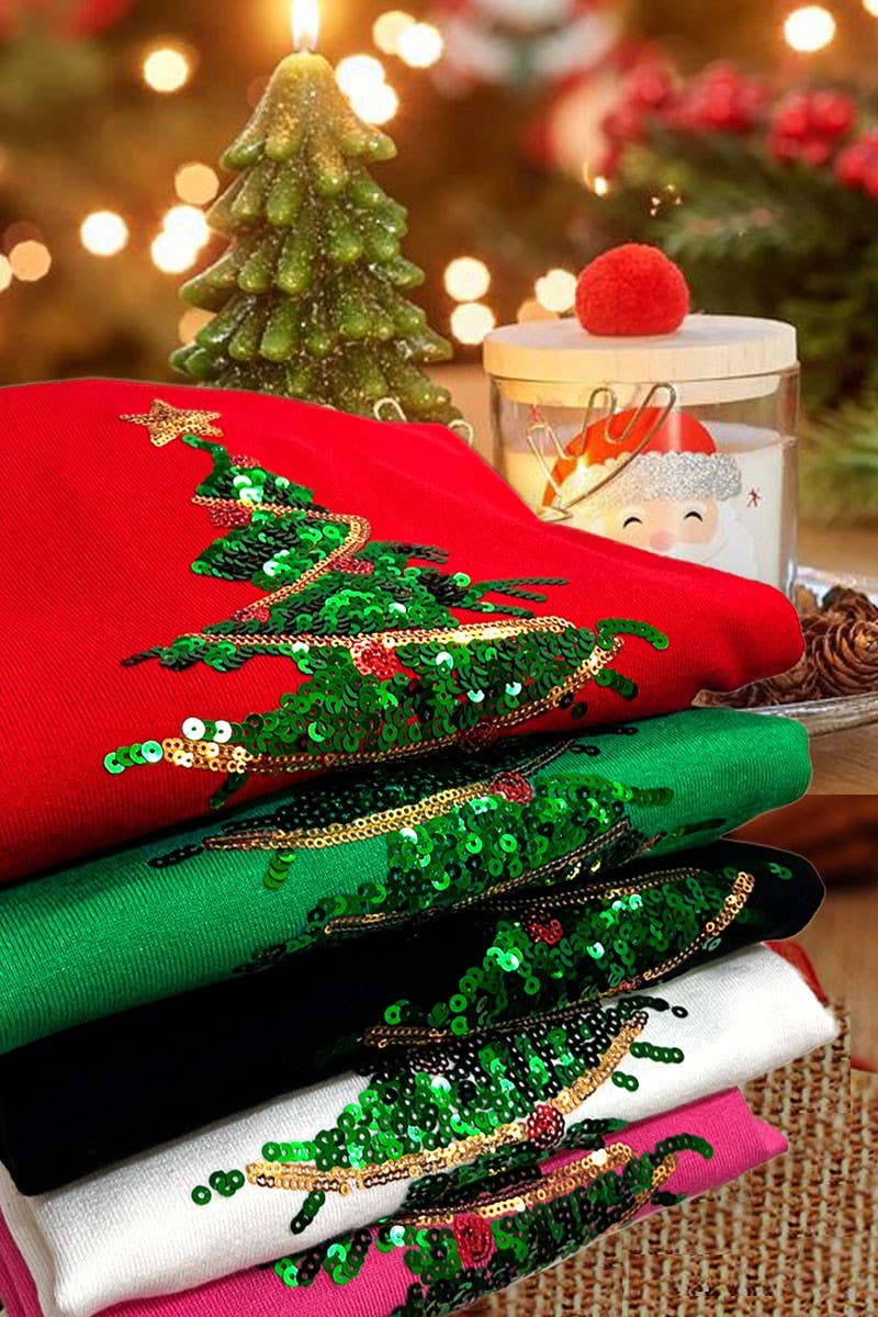 Christmas Tree Sequin Accent Knitted Sweater VT81484G: PINK / S