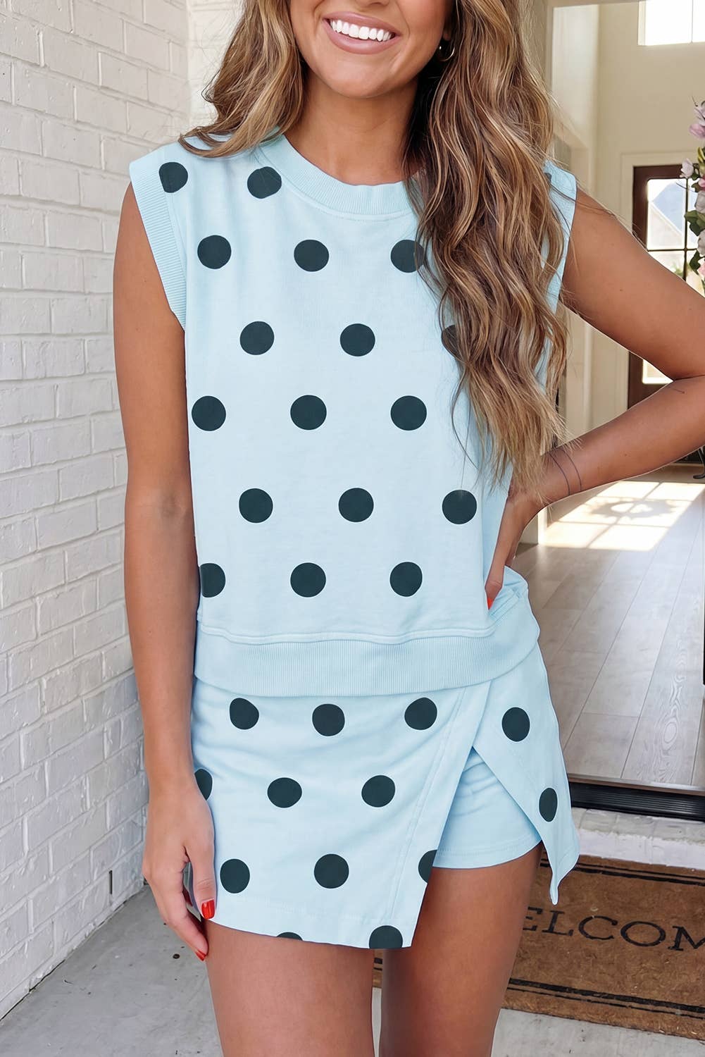LAS Ribbed Trim Polka Dot Tank Split Mini Skort Set(S-4X): Pink / Missy / M