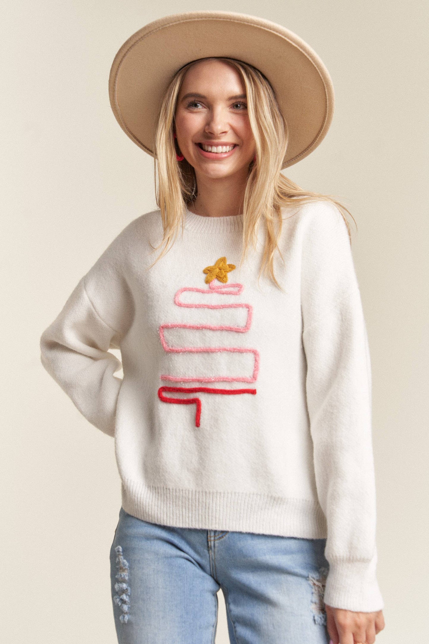 LESW3436- X-MAS TREE ACCENT SWEATER: IVORY / S-M-L(2-2-2)