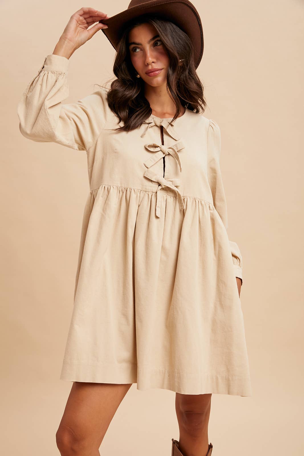 BOW TIE CORDUROY MINI DRESS: OLIVE / S