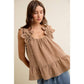GINGHAM FLORAL APPLIQUE TIERD SLEEVELESS BLOUSE TOP: BROWN / M