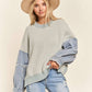 LESW3192 - FRAYED DENIM SLEEVE SWEATER TOP: BLUSH / S-M-L(2-2-2)