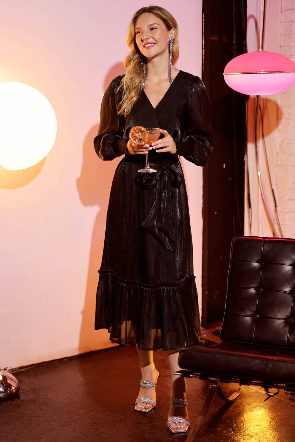 Black Wrap Longsleeve Midi Dress