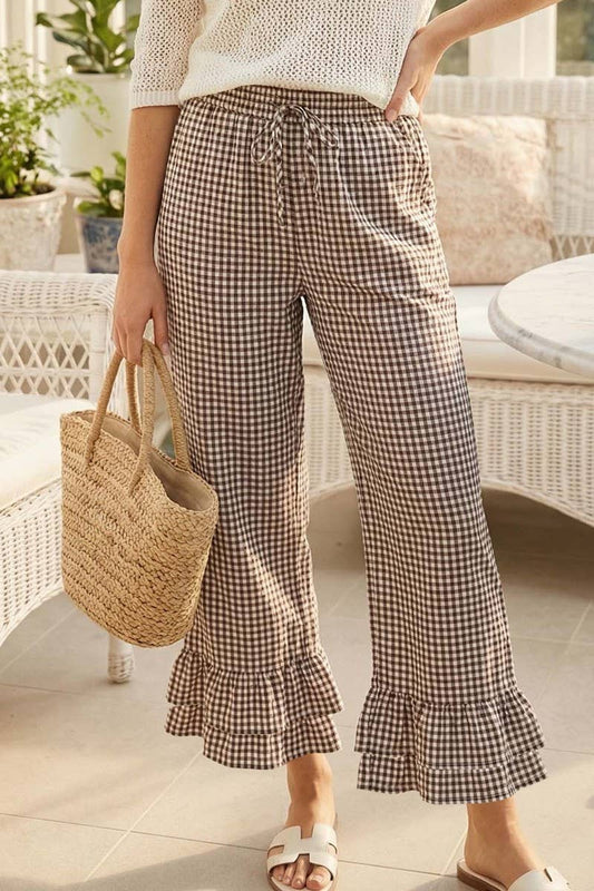Brown Gingham Ruffled Pants