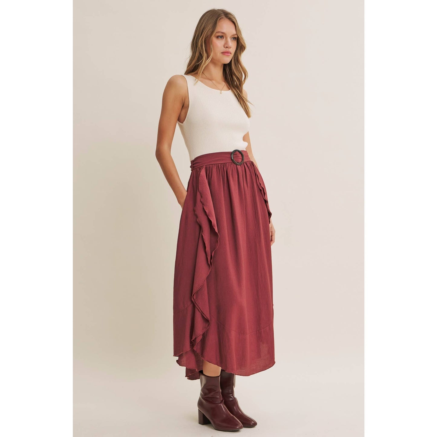 RUSTIC WEEKEND TWOFER MAXI DRESS WITH CASCADING RUFFLES: COCONUT BROWN / S