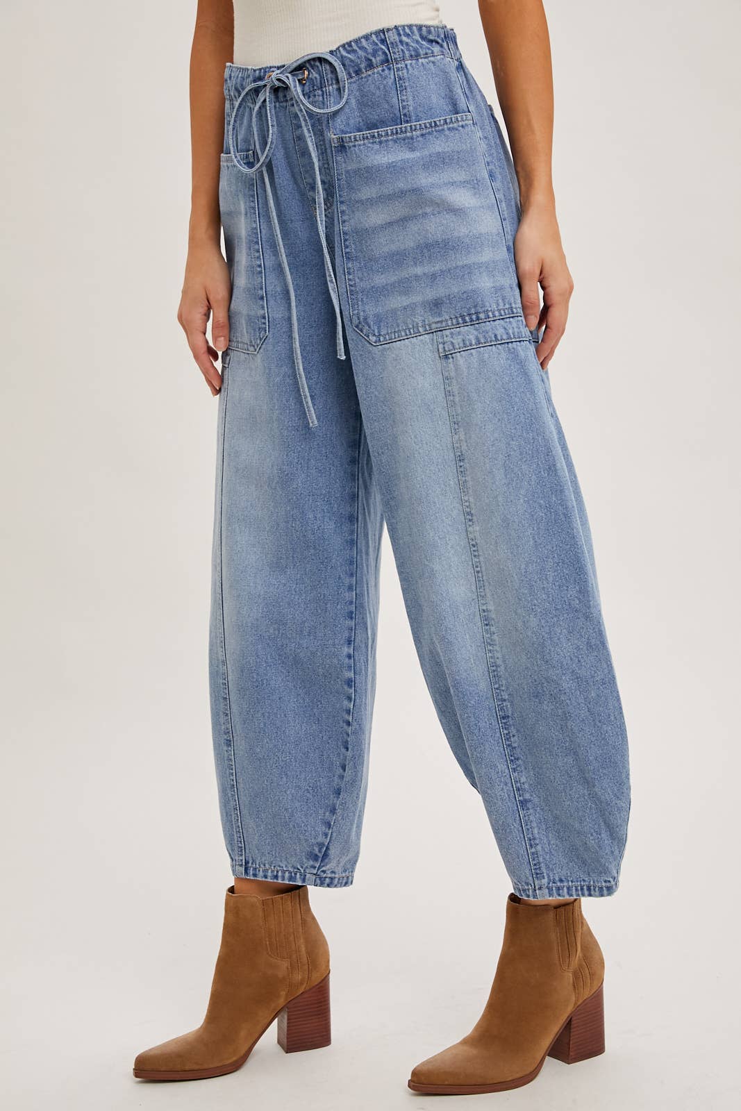 DENIM MID-WAIST DRAWSTRINGS BARREL JEANS: LT.WASH / S